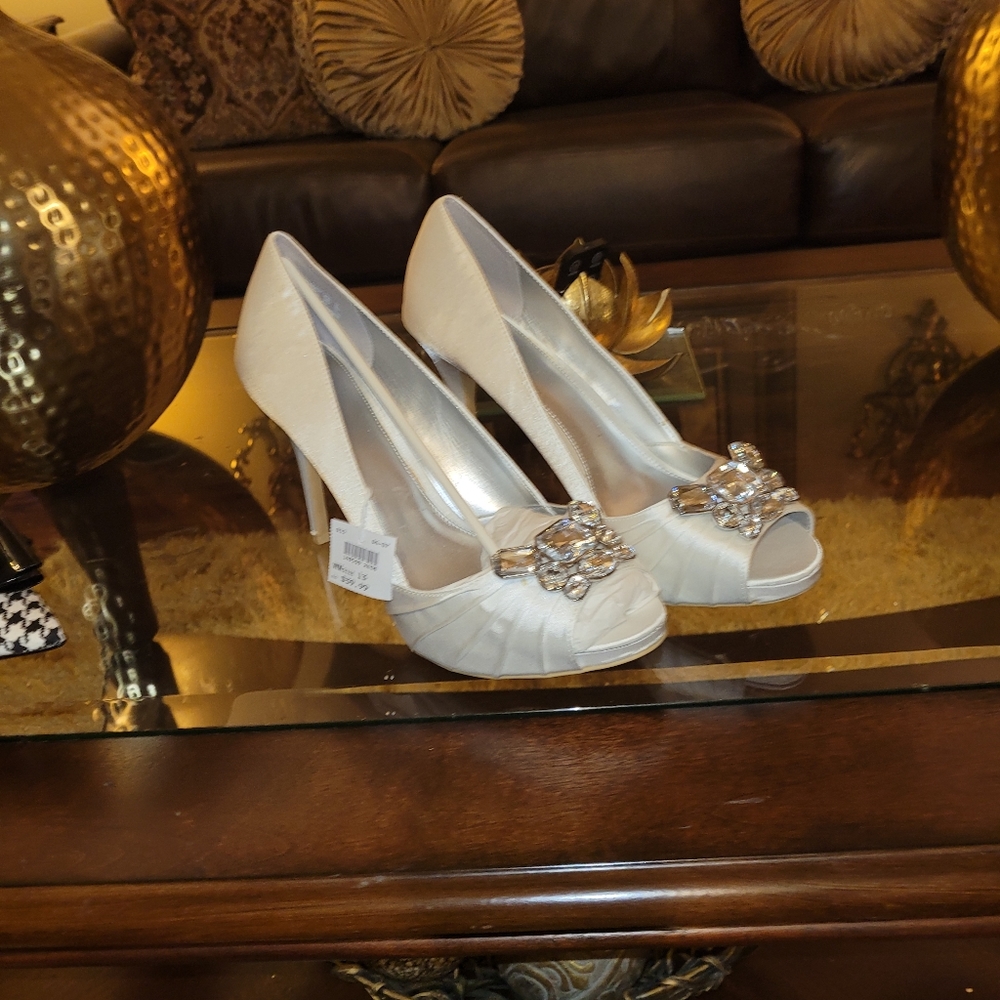 White satin heels